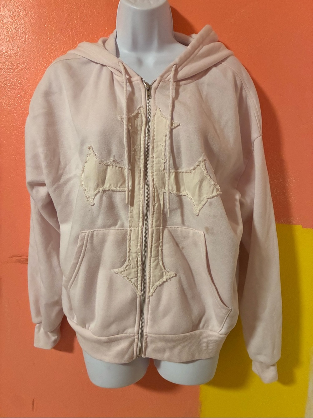 Light Pink Zip-Up Hoodie with Appliqué Cross